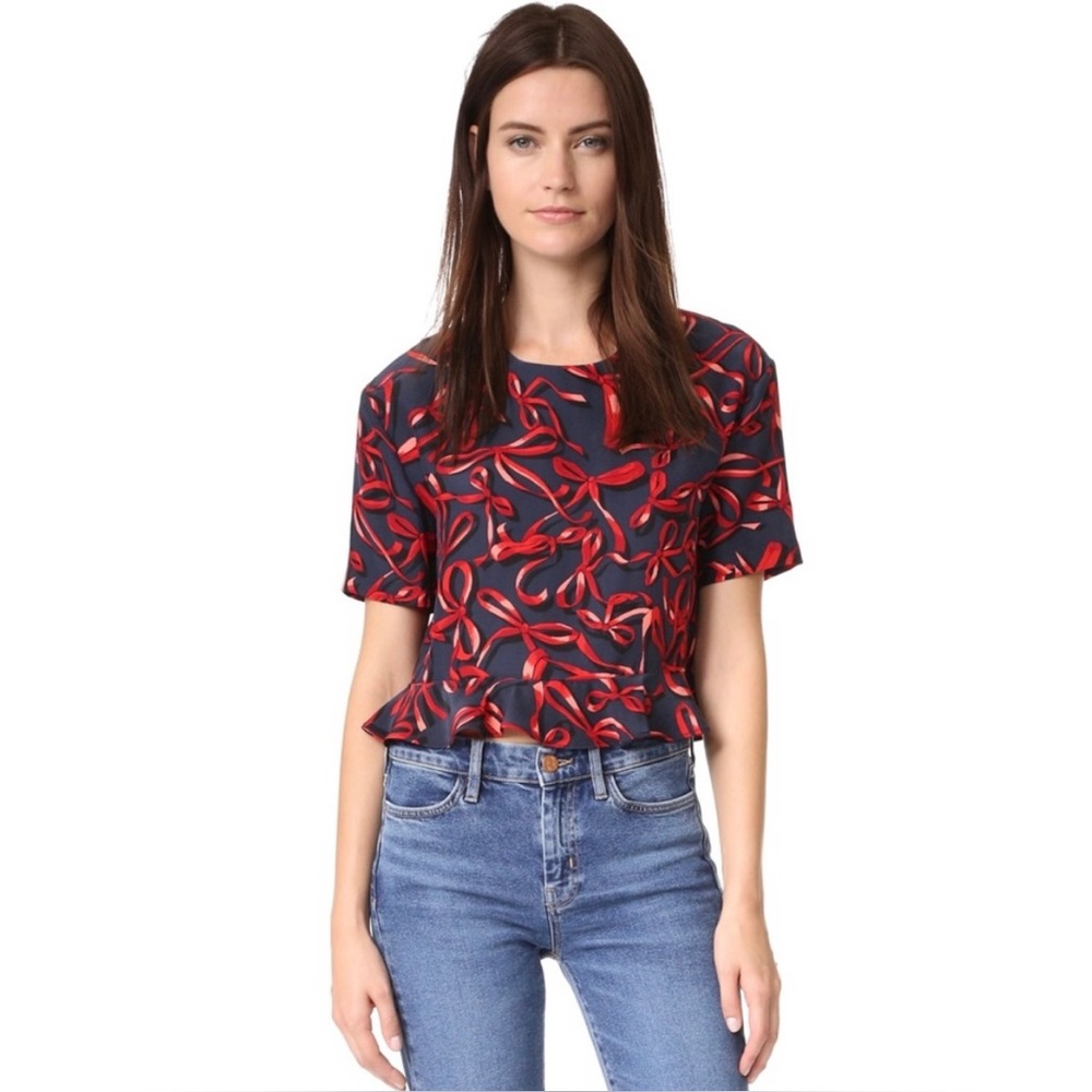 PIAMITA • Red/Navy Silk Bow Print Ruffle Trim Blouse, XS